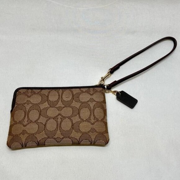 Coach Wristlet Brown Khaki Signature Canvas F53536 Gold Trim Corner Zip EUC - Picture 6 of 12